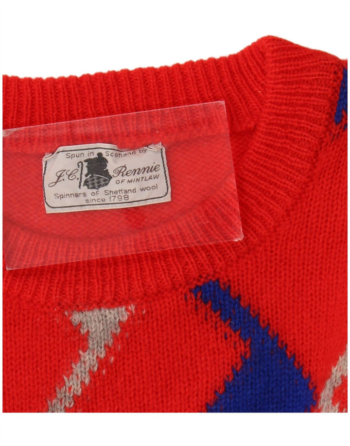 vintage Mens Crew Neck Jumper Pull Grand Argyle Rouge/Diamant