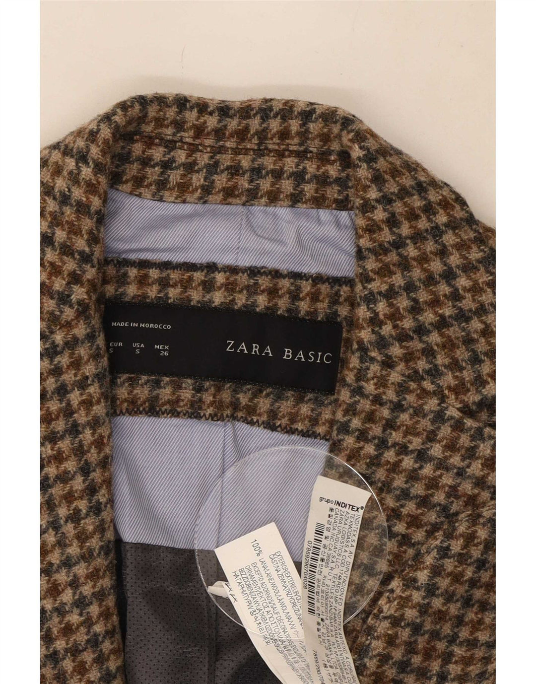 Zara Womens 1 Button Blazer Jacket UK 10 Petite laine pied-de-poule marron