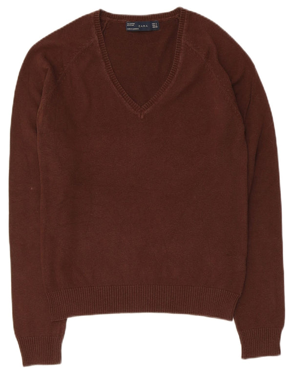 Zara Pull col en V pour femme UK 10 Petit coton marron