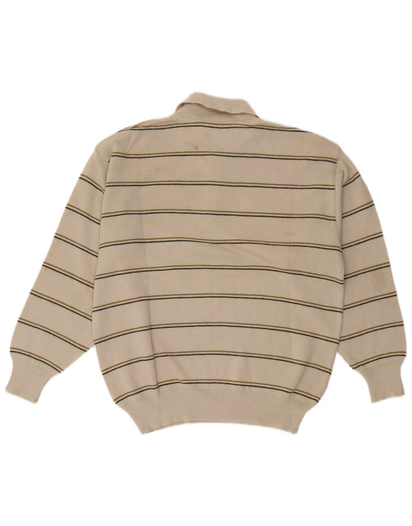 vintage Mens Graphic Polo Neck Jumper Pull Moyen Beige Rayé Laine