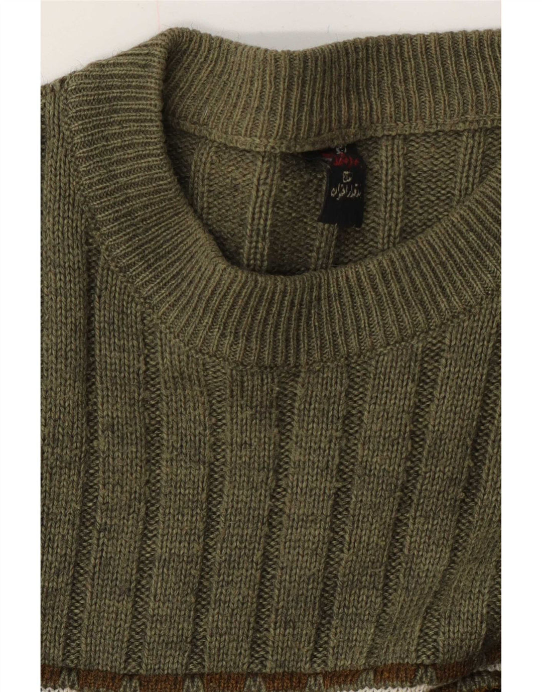 vintage Mens Crew Neck Jumper Pull Moyen Vert Fair Isle