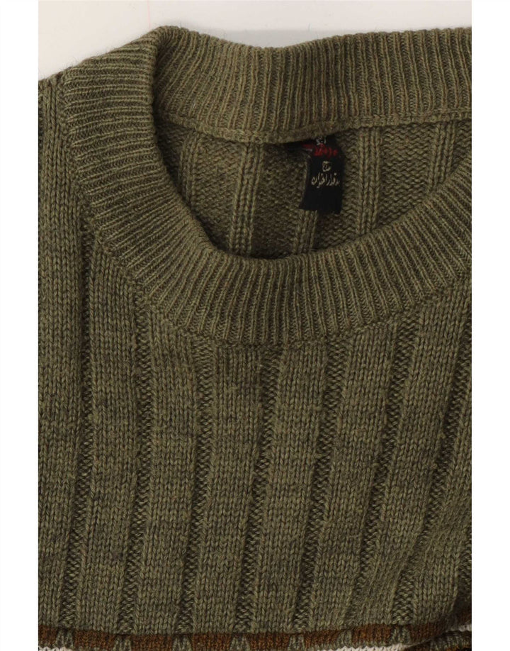vintage Mens Crew Neck Jumper Pull Moyen Vert Fair Isle