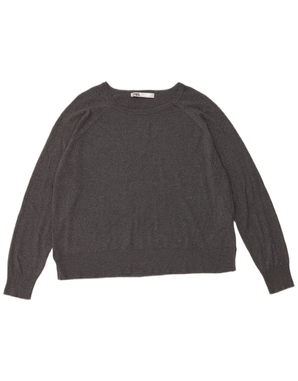 Zara Pull court à col bateau pour femme UK 16 Large Gris Viscose