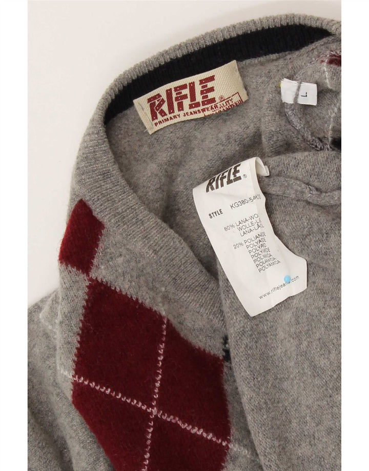 Rifle Pull col V pour homme en laine gris à losanges/diamants