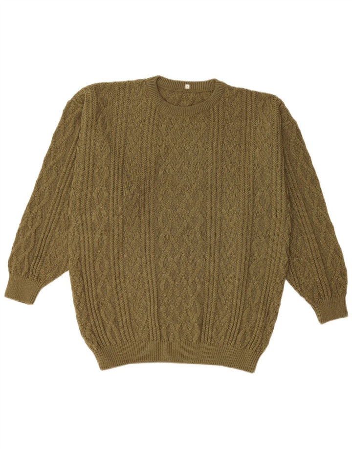 vintage Mens Crew Neck Jumper Pull Grand Kaki Acrylique