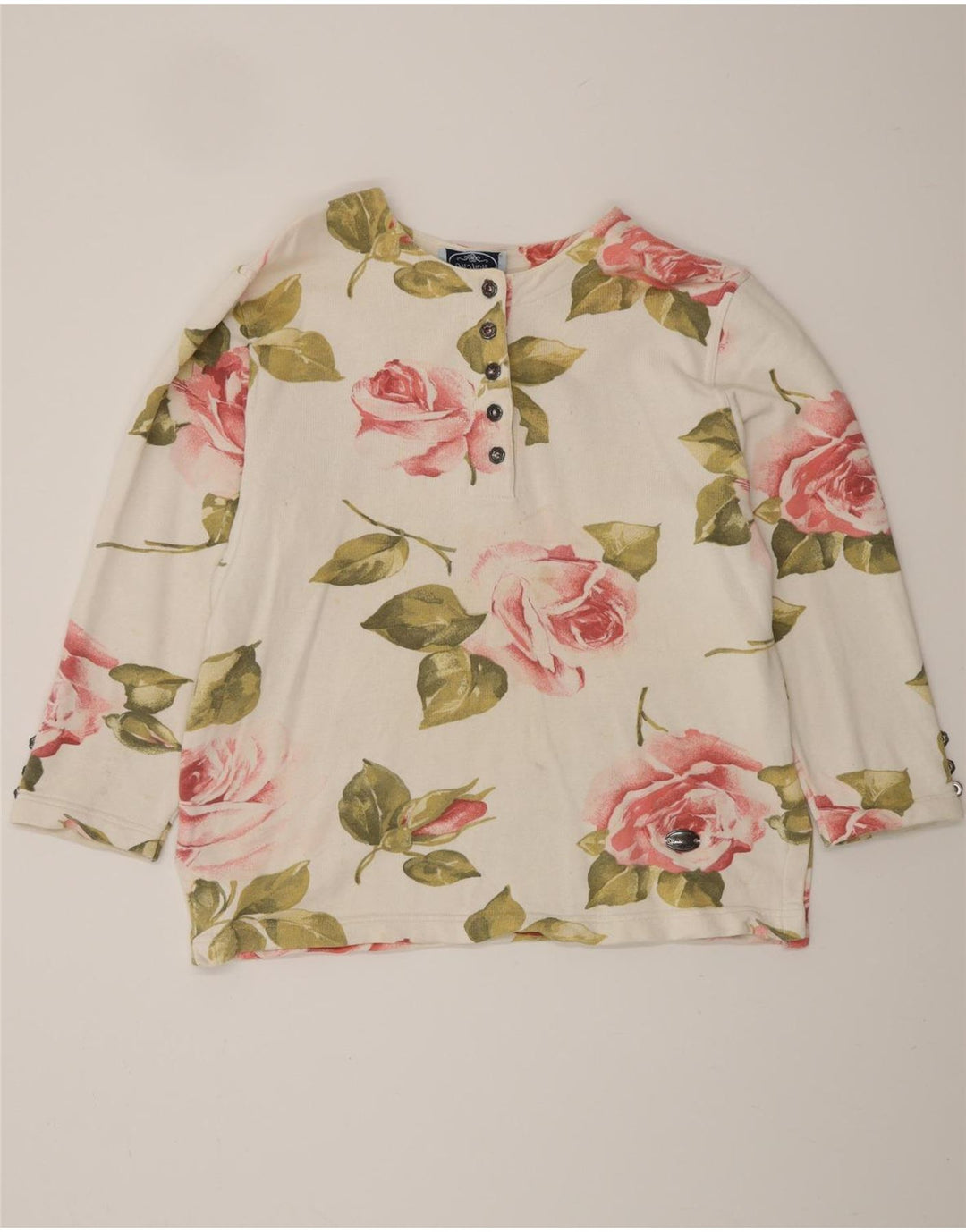 VINTAGE Femme Top Manches Longues UK 16 Grand Coton Floral Blanc Cassé
