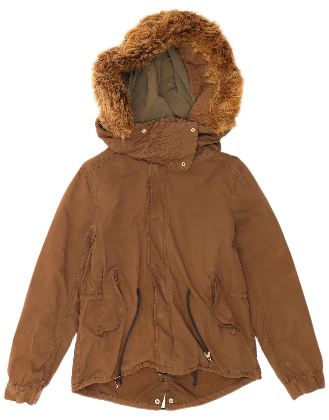 Zara Veste Parka à capuche surdimensionnée pour femme UK 10 Petit Marron Polyester