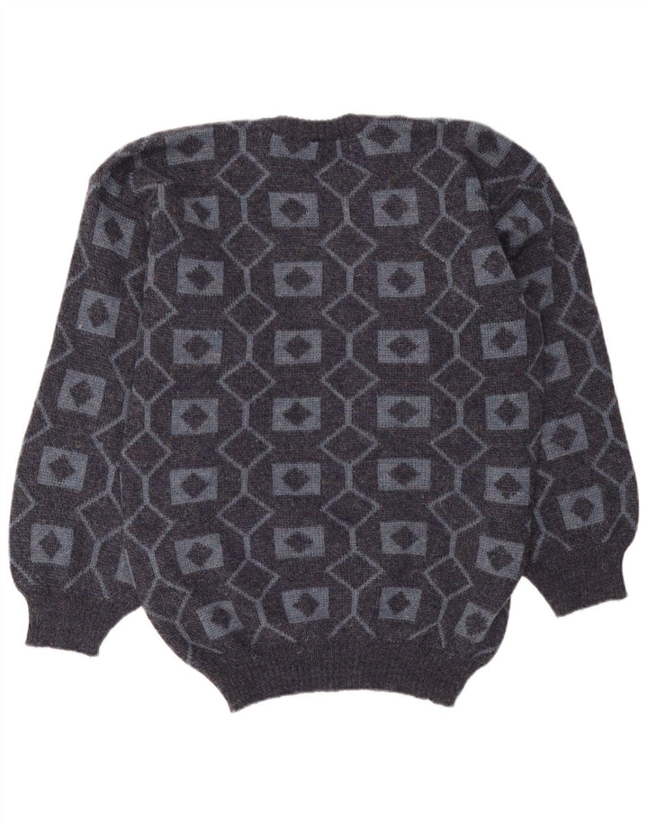 vintage Mens Crew Neck Jumper Pull Moyen Gris Géométrique Acrylique