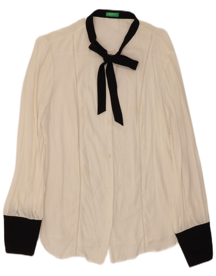 BENETTON Chemisier avec nœud papillon pour femme UK 16 Large Blanc Colorblock Viscose