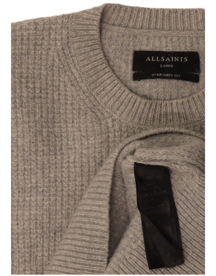 All Saints Pull surdimensionné à col rond pour femme UK 16 Large laine grise