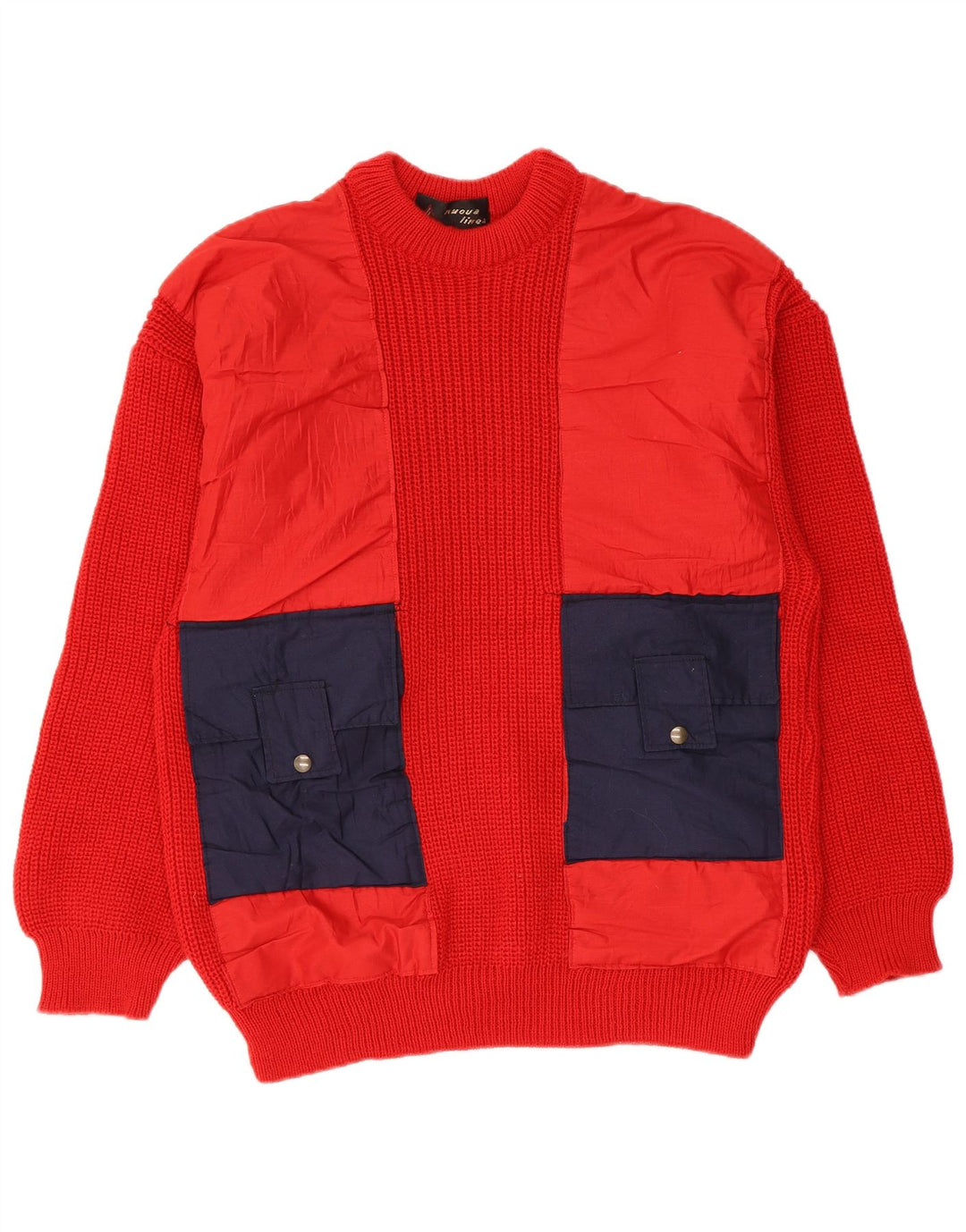 vintage Mens Crew Neck Jumper Pull Moyen Rouge Colourblock