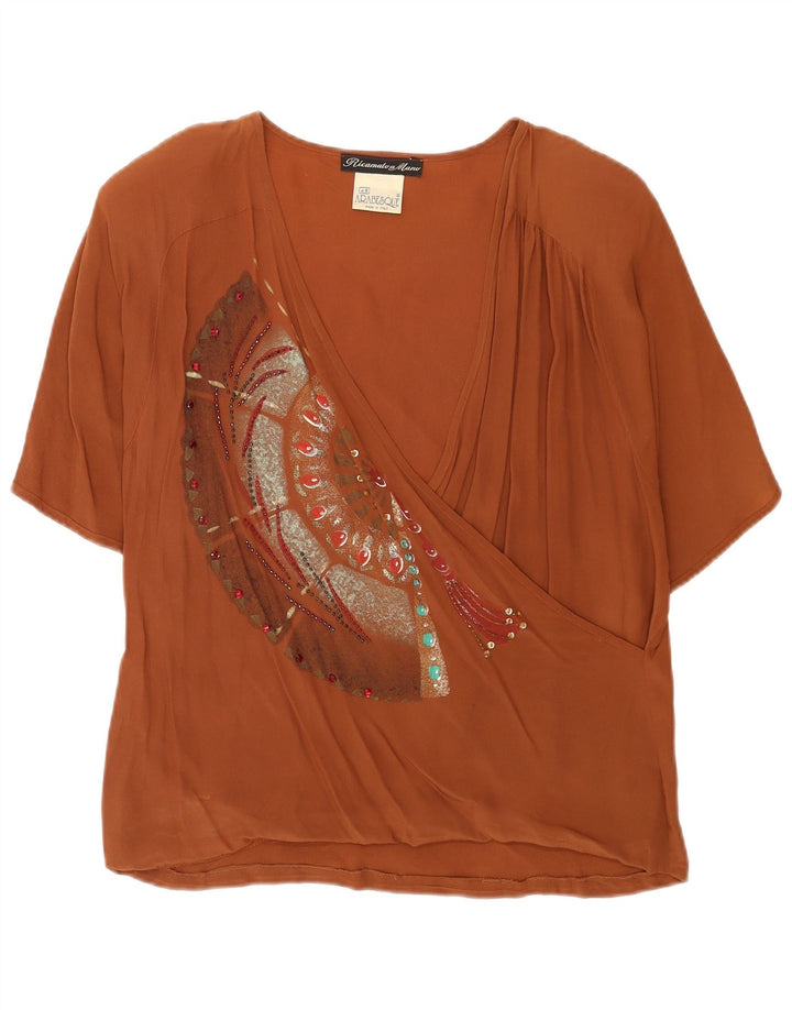 Ricamo A Mano Blouse Top IT 48 XL Marron Acétate Femme