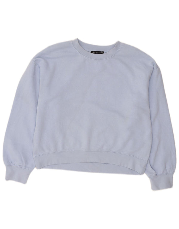 Zara Femme Crop Sweatshirt Jumper UK 14 Bleu Moyen Polyester