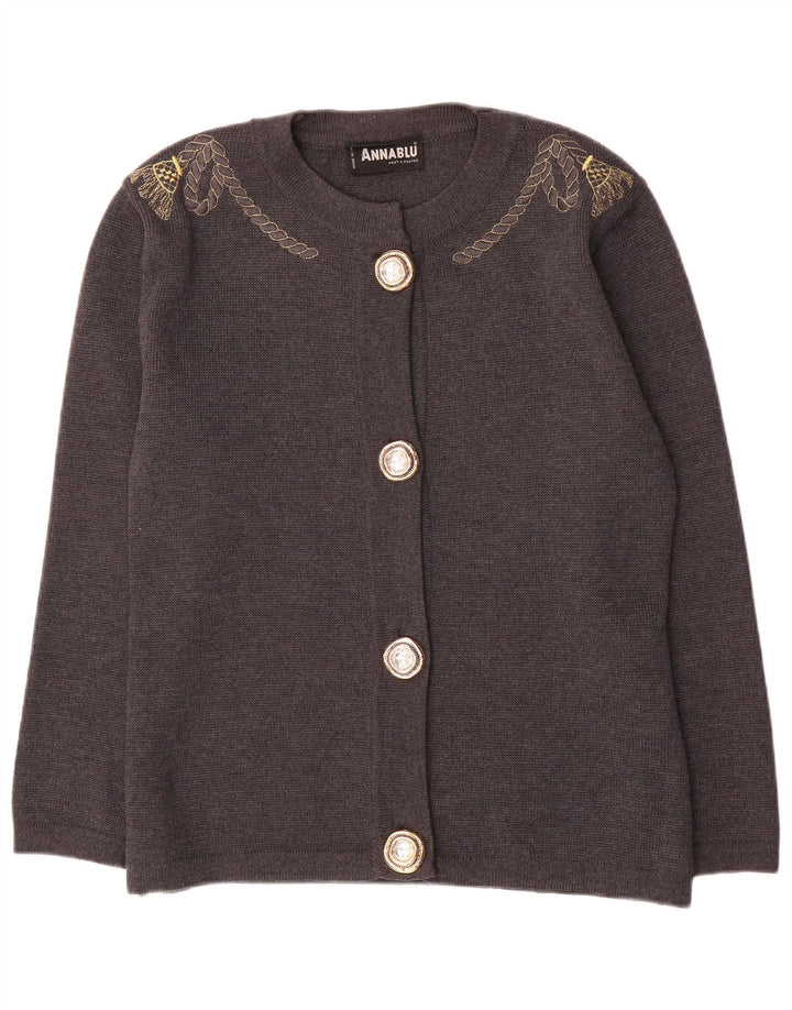 vintage Femmes Surdimensionné Cardigan Pull UK 10 Petite Laine Grise
