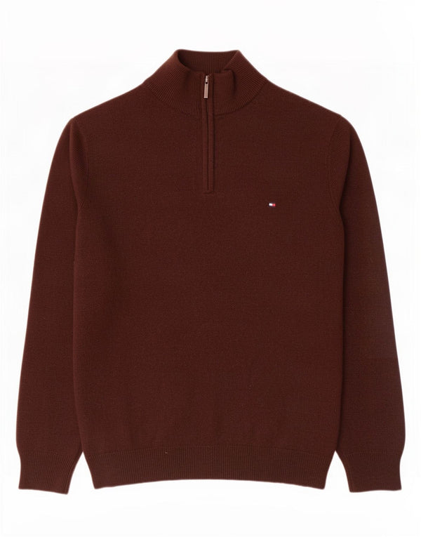 Tommy Hilfiger Pull à col zippé pour homme Large en laine d'agneau marron