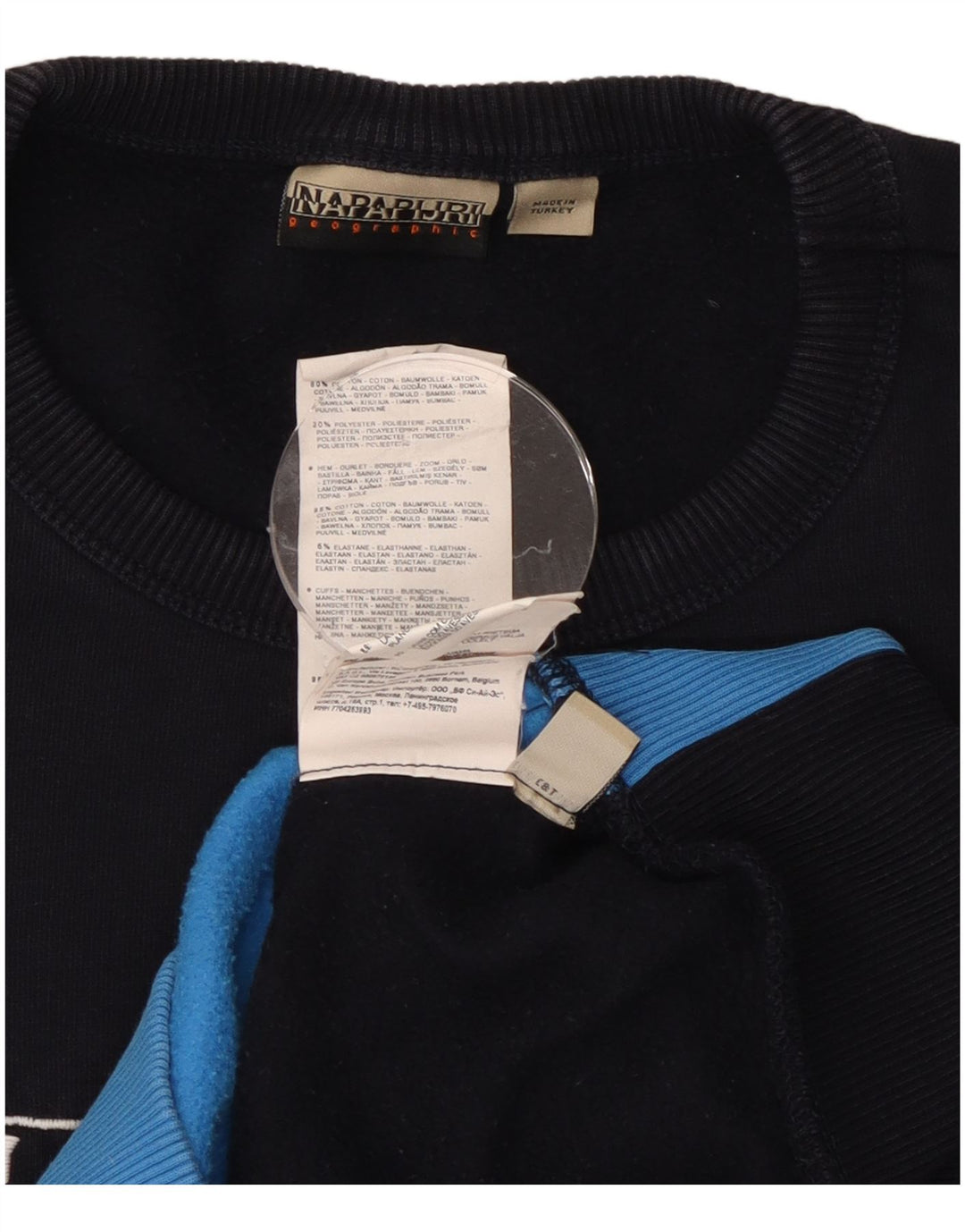 NAPAPIJRI Boys Graphic Sweatshirt Jumper 13-14 Years Navy Blue Colourblock Vintage Napapijri and Second-Hand Napapijri from Messina Hembry 