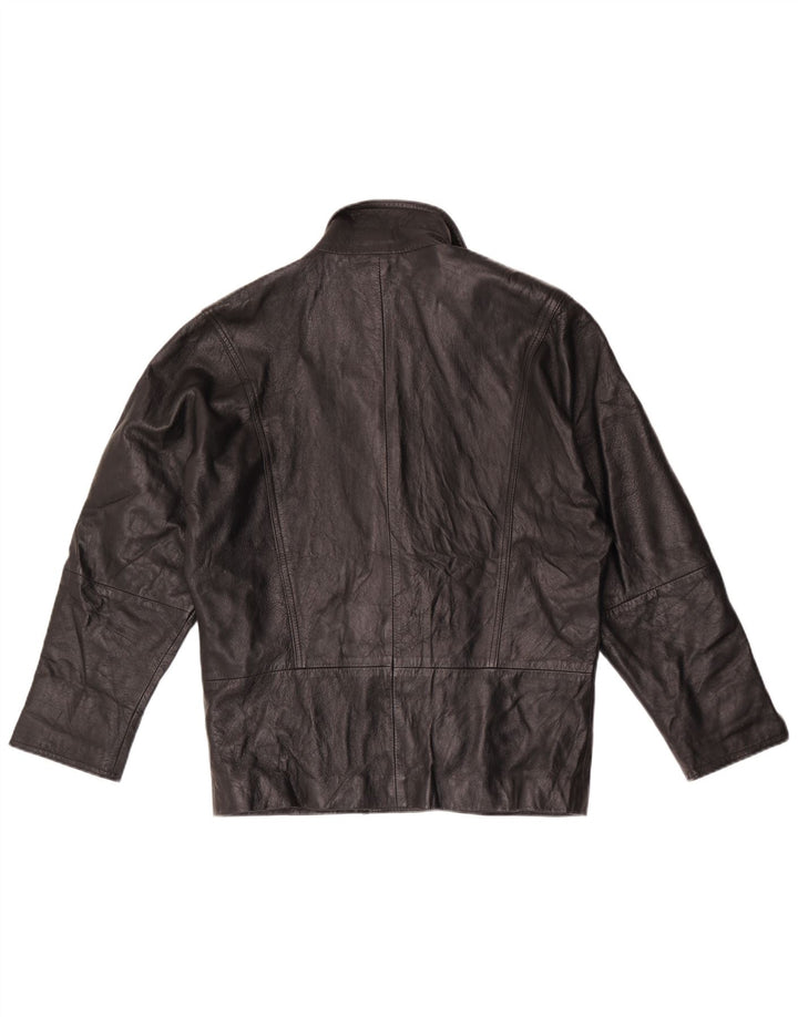 vintage Femmes Double Breasted Leather Blazer Jacket UK 16 Grand Noir