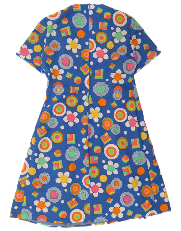 vintage Femme Robe A-Line UK 12 Bleu Moyen Floral