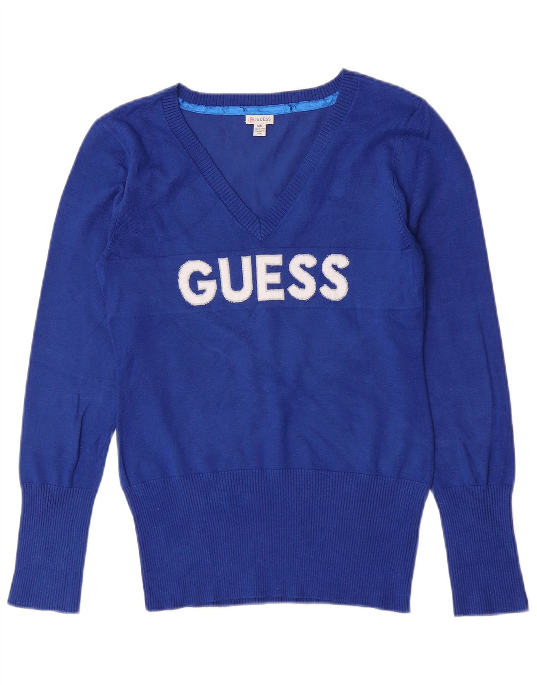 Guess Pull graphique à col en V pour femme UK 8 Petite rayonne bleue