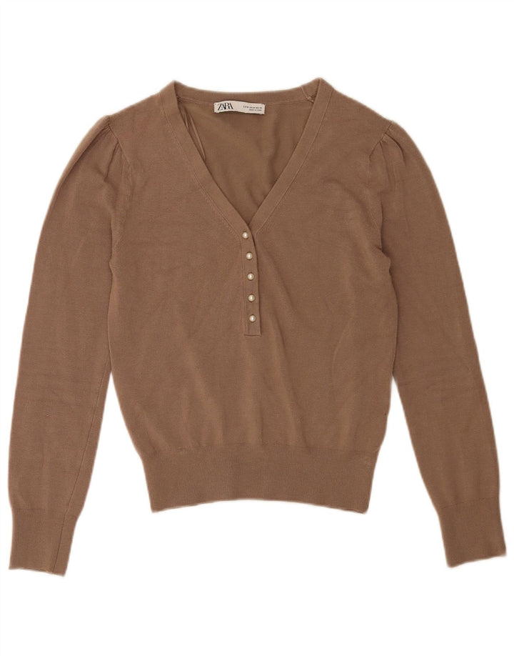 Zara Pull col V pour femme UK 12 Viscose marron moyen