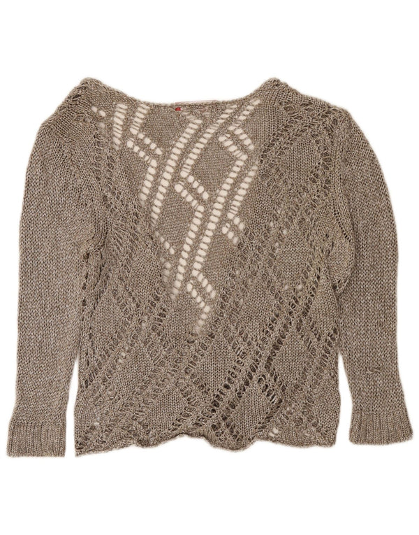 vintage Femmes 3/4 Manches Cardigan Pull UK 14 Grand Brun Moucheté