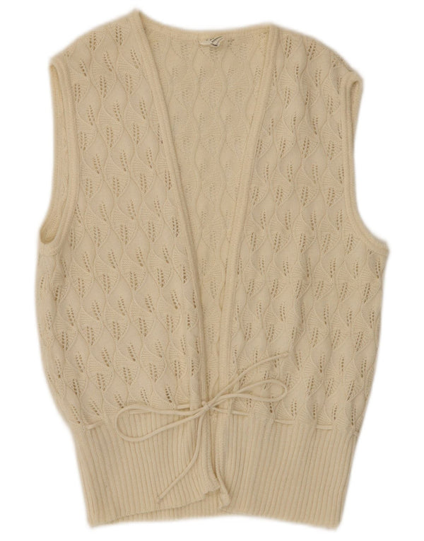 vintage Femmes Sans Manches Cardigan Pull EU 42 Grand Blanc Géométrique