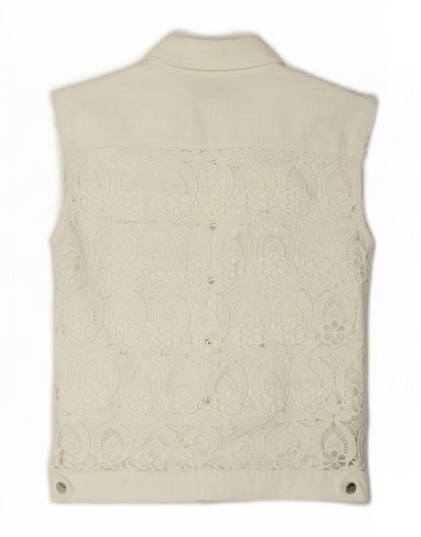 Twin-Set Femme Denim Gilet UK 10 Petit Blanc Cassé Floral Coton