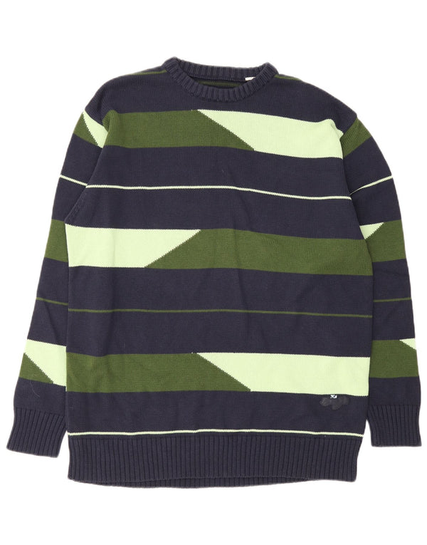 vintage Mens Crew Neck Jumper Pull Grand Bleu Marine Rayé
