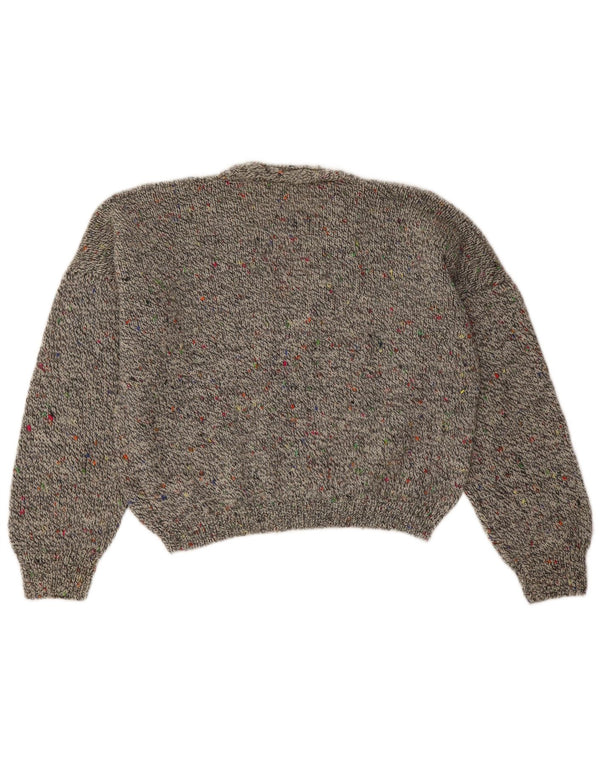 vintage Womens Crop V-Neck Jumper Sweater UK 16 Grand Gris Moucheté