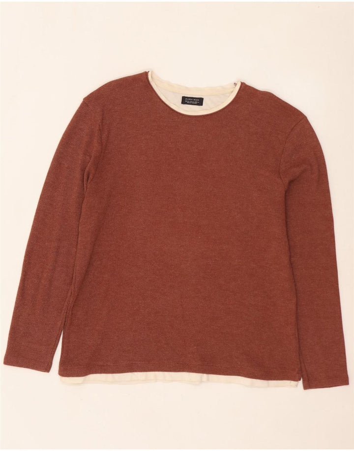 ZARA Homme Top Manches Longues XL Marron Colourblock Coton