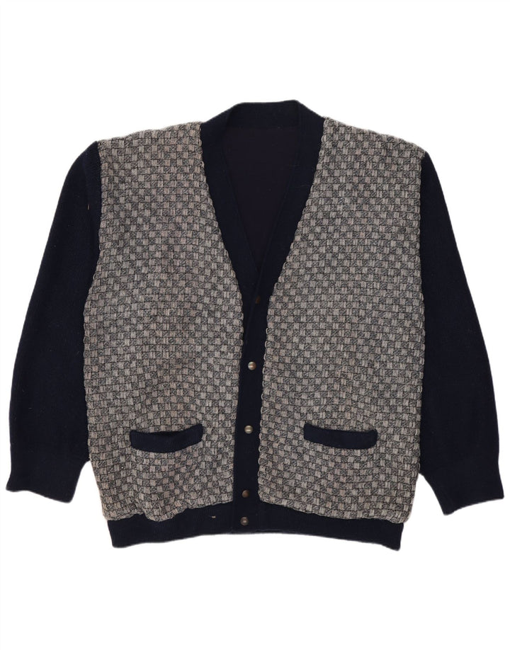 vintage Mens Cardigan Pull Moyen Bleu Marine Géométrique