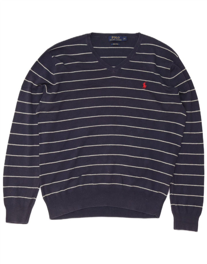 POLO RALPH LAUREN Pull col V pour homme Large rayé bleu marine
