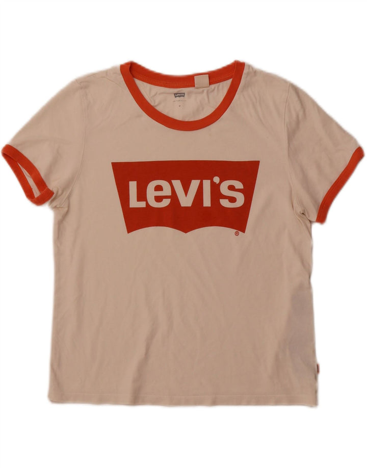 LEVI'S T-shirt court graphique pour femme UK 12 en coton blanc cassé moyen