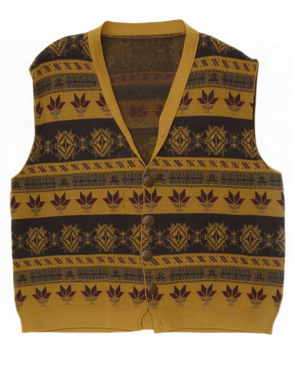 Vintage Mens Sleeveless Cardigan Sweater Large Khaki Fair Isle Wool