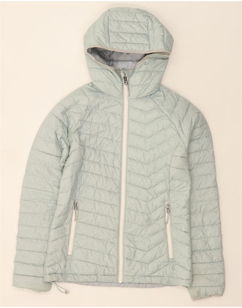 COLUMBIA Womens Hooded Padded Jacket UK 10 Small Blue Spotted Polyester Vintage Columbia and Second-Hand Columbia from Messina Hembry 