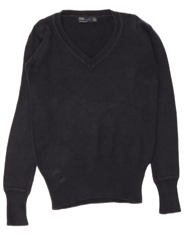 Zara Pull col V pour femme UK 12 Bleu marine moyen en coton