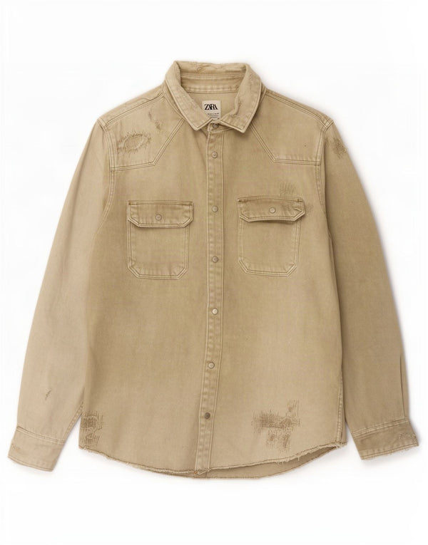 Zara Chemise en jean coupe décontractée pour hommes, grand coton kaki