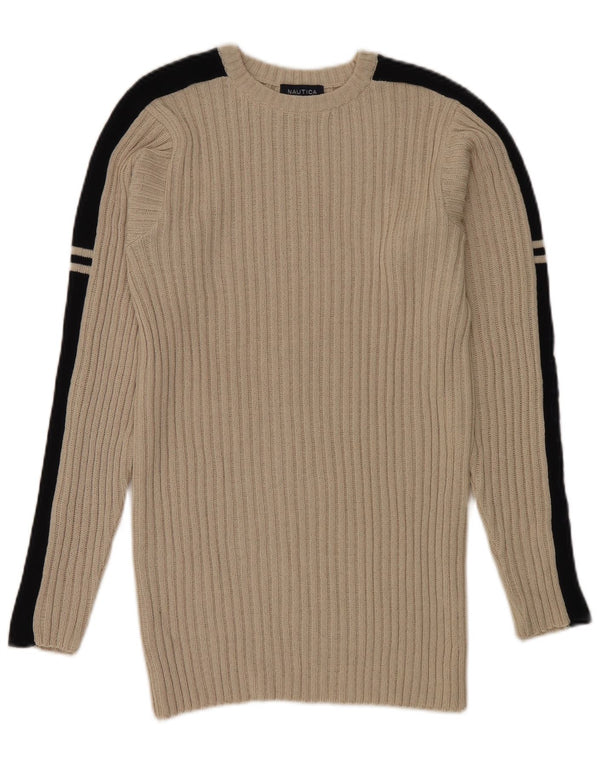 Nautica Mens Crew Neck Jumper Sweater Large Beige Colourblock Cotton