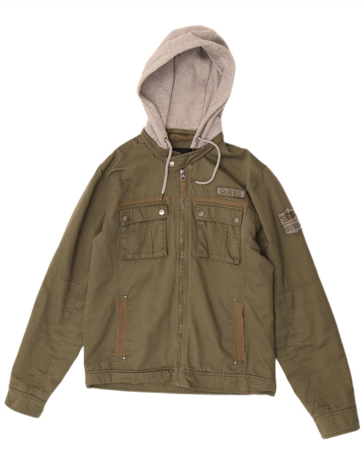 Guess Veste utilitaire à capuche graphique pour homme UK 38 Kaki moyen colour block