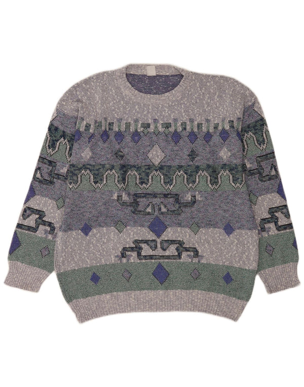 vintage Mens Crew Neck Jumper Pull Grand Bleu Géométrique