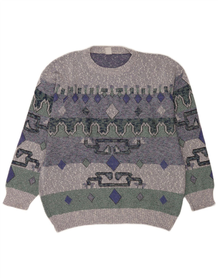 vintage Mens Crew Neck Jumper Pull Grand Bleu Géométrique