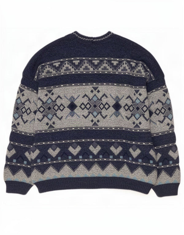 vintage Mens Crew Neck Jumper Pull UK 42/44 Grand Bleu Marine Fair Isle
