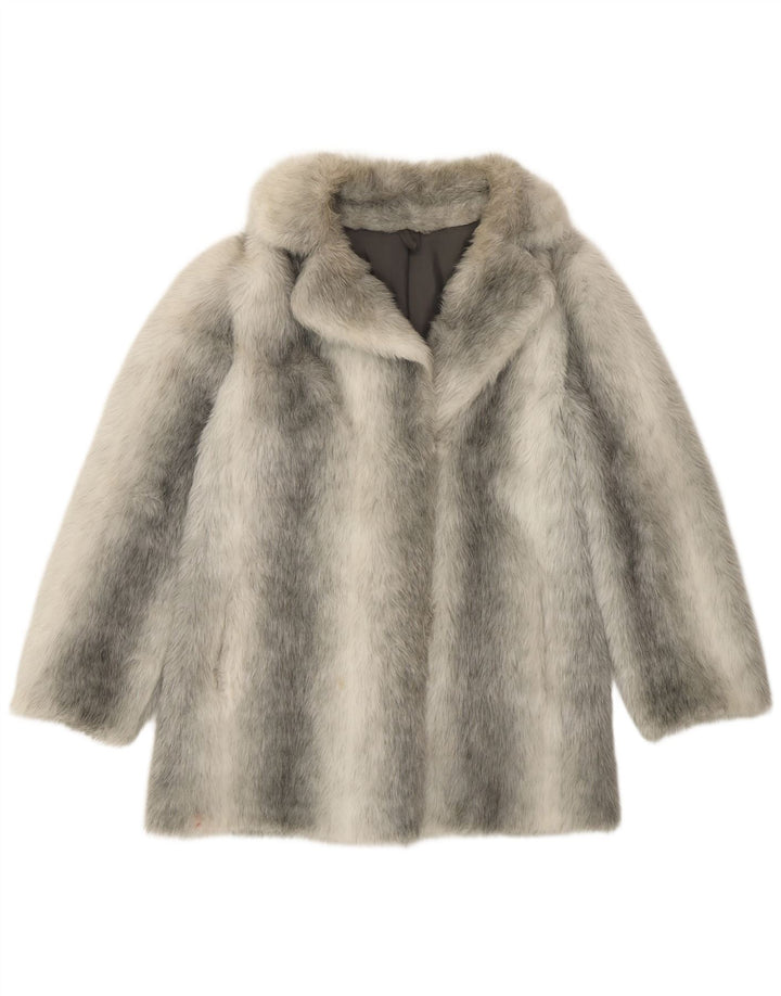 VINTAGE Femmes Fausse Fourrure Pardessus UK 12 Moyen Argent Rayé Modacryl