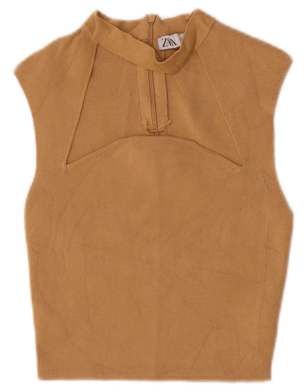 Zara Womens Crop Blouse sans manches Top UK 8 Small Beige Nylon