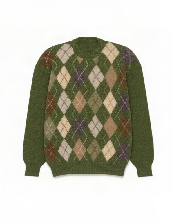 Vintage Mens Crew Neck Jumper Sweater XL Green Argyle/Diamond