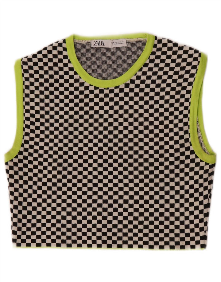 Zara Womens Crop Vest Top UK 12 Medium Noir Géométrique Polyester
