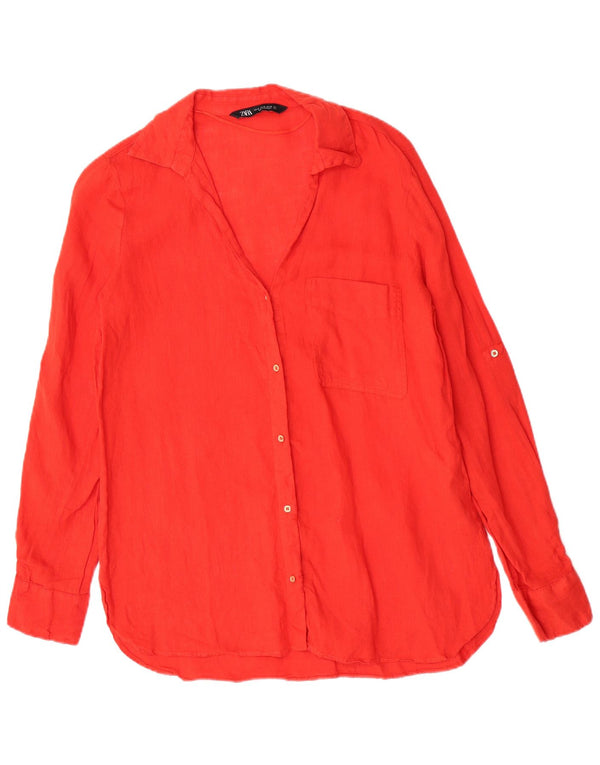 Zara Chemise régulière à manches longues pour femme UK 14 Lin rouge moyen