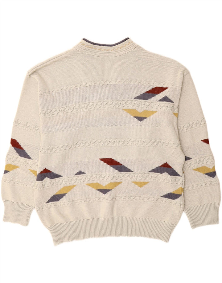 vintage Homme Col V Pull Pull XL Blanc Géométrique