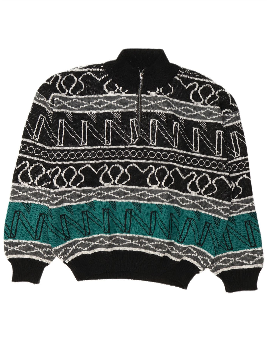 vintage Mens Zip Neck Jumper Pull Grand Multicolore Géométrique
