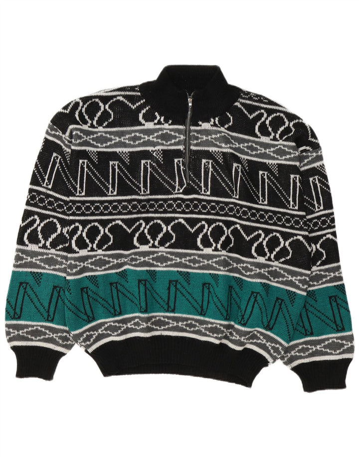 vintage Mens Zip Neck Jumper Pull Grand Multicolore Géométrique